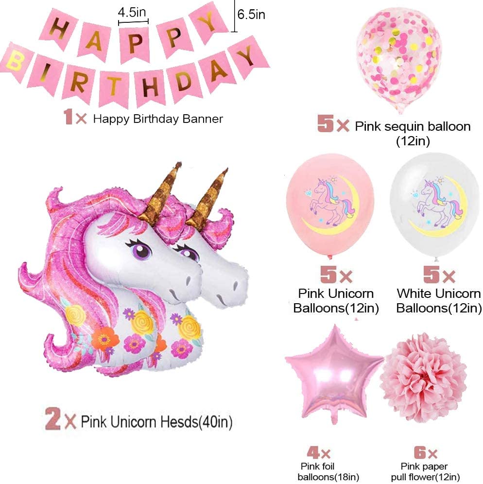 Décorations d'anniversaire de licorne pour les filles, bannière rose joyeux  anniversaire avec d'énormes ballons de licorne en aluminium pour la fête