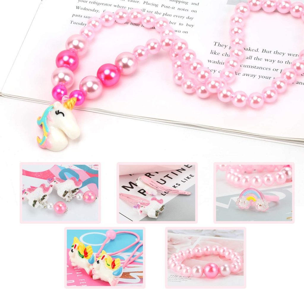 Set De Bijoux Princesse Pour Petites Filles - Collier, Boucles D'oreilles, Bracelet, Bague, Sac à Bandoulière, Rose